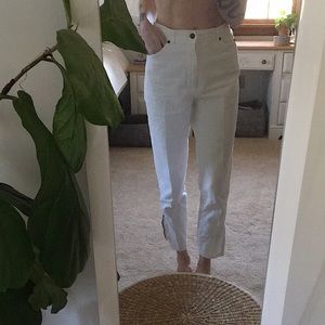 High Rise Vintage White Denim Tapered Ankle Zip Jeans